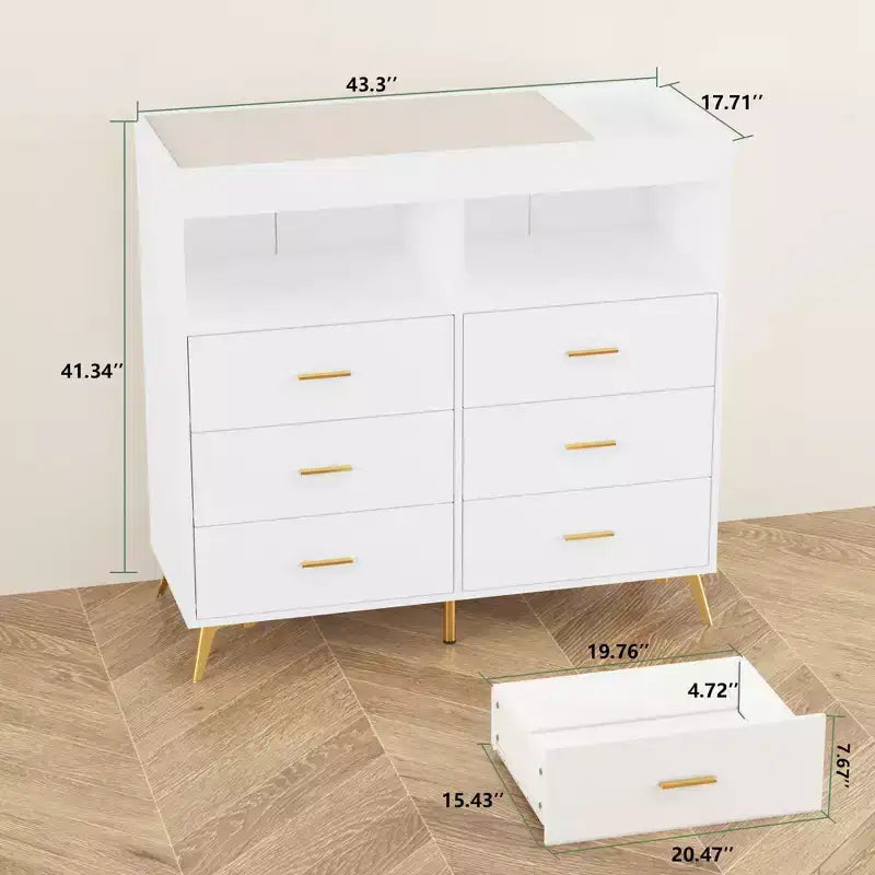 Changing Table Dresser  Multi-Functional Baby Nursery Dresser with LED Lights & Power Outlet (6 Drawers + 2 Shelves)