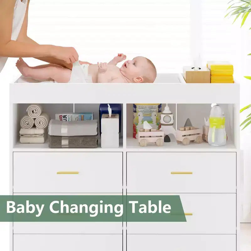 Changing Table Dresser  Multi-Functional Baby Nursery Dresser with LED Lights & Power Outlet (6 Drawers + 2 Shelves)