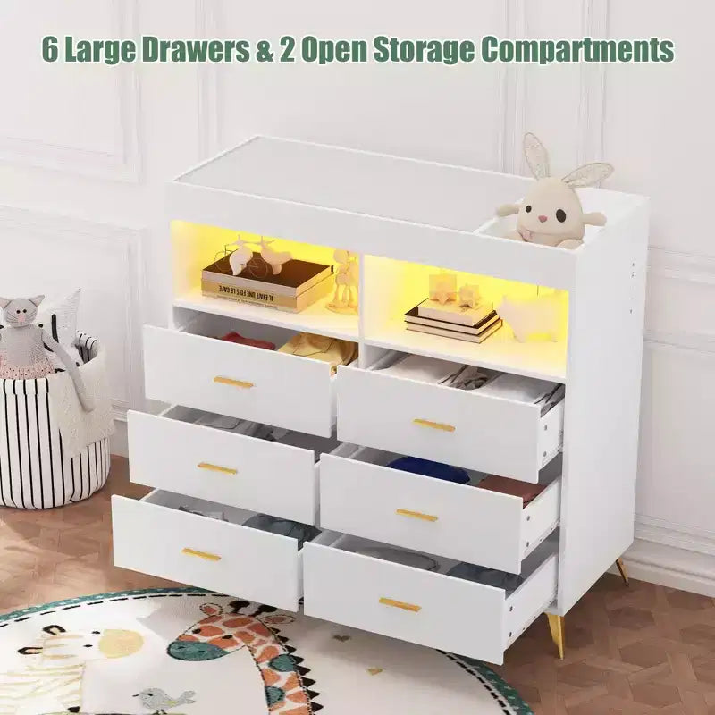 Changing Table Dresser  Multi-Functional Baby Nursery Dresser with LED Lights & Power Outlet (6 Drawers + 2 Shelves)
