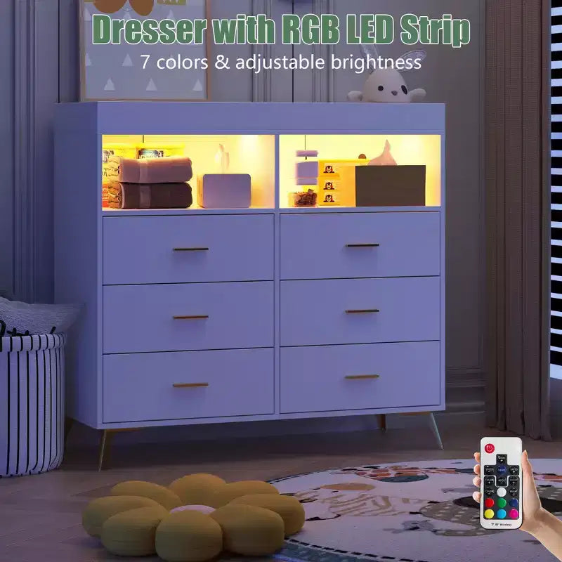 Changing Table Dresser  Multi-Functional Baby Nursery Dresser with LED Lights & Power Outlet (6 Drawers + 2 Shelves)