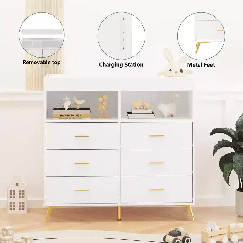 Changing Table Dresser  Multi-Functional Baby Nursery Dresser with LED Lights & Power Outlet (6 Drawers + 2 Shelves)