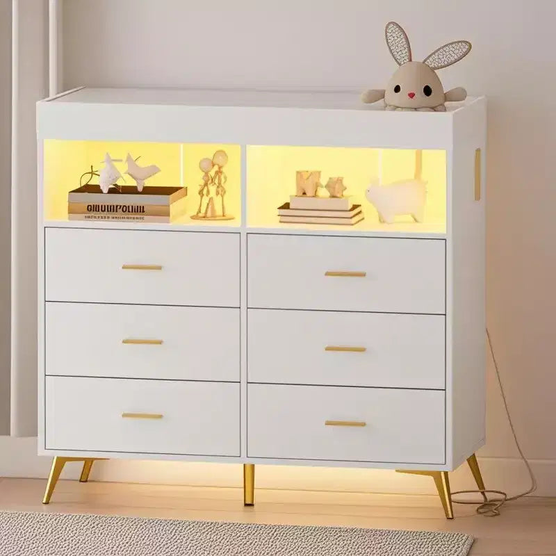 Changing Table Dresser  Multi-Functional Baby Nursery Dresser with LED Lights & Power Outlet (6 Drawers + 2 Shelves)
