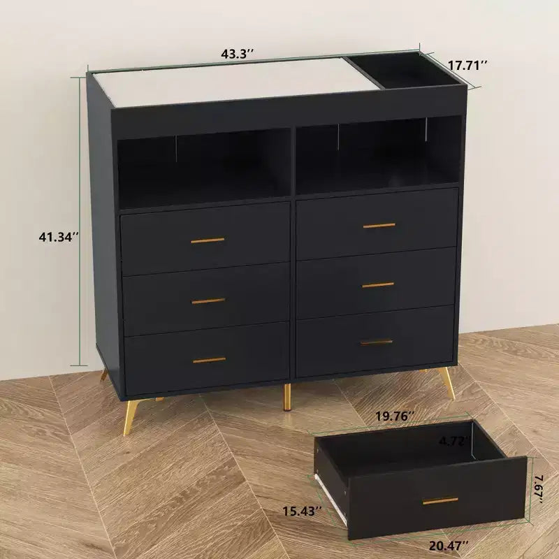 Changing Table Dresser  Multi-Functional Baby Nursery Dresser with LED Lights & Power Outlet (6 Drawers + 2 Shelves)