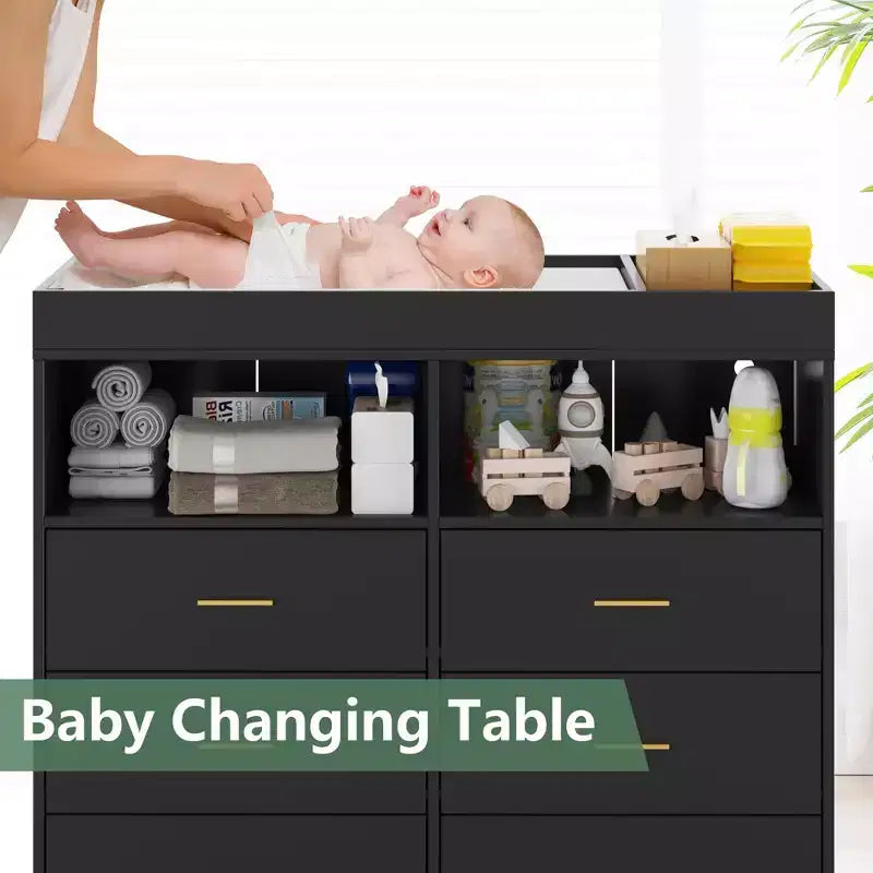 Changing Table Dresser  Multi-Functional Baby Nursery Dresser with LED Lights & Power Outlet (6 Drawers + 2 Shelves)