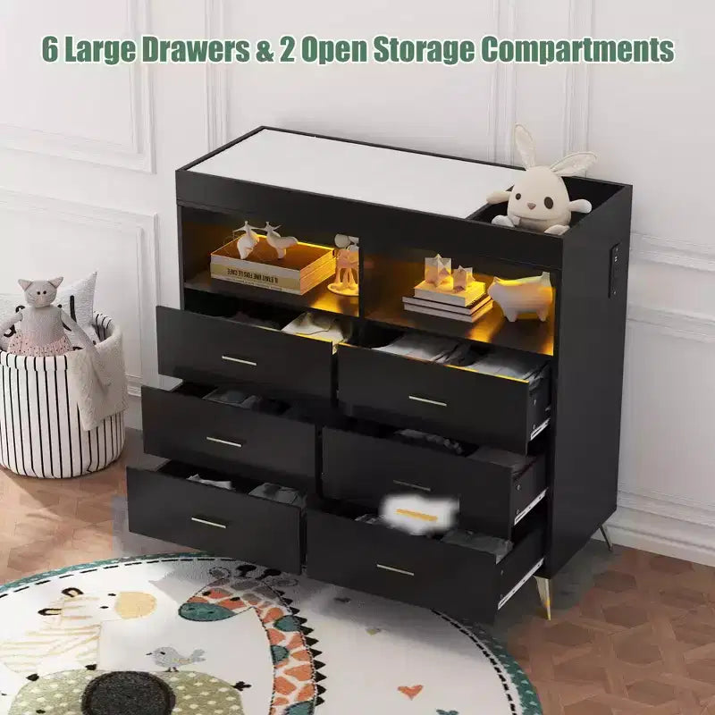 Changing Table Dresser  Multi-Functional Baby Nursery Dresser with LED Lights & Power Outlet (6 Drawers + 2 Shelves)
