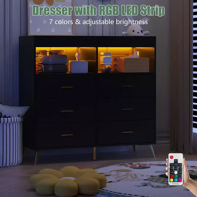 Changing Table Dresser  Multi-Functional Baby Nursery Dresser with LED Lights & Power Outlet (6 Drawers + 2 Shelves)