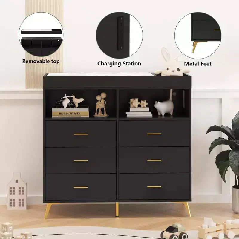 Changing Table Dresser  Multi-Functional Baby Nursery Dresser with LED Lights & Power Outlet (6 Drawers + 2 Shelves)