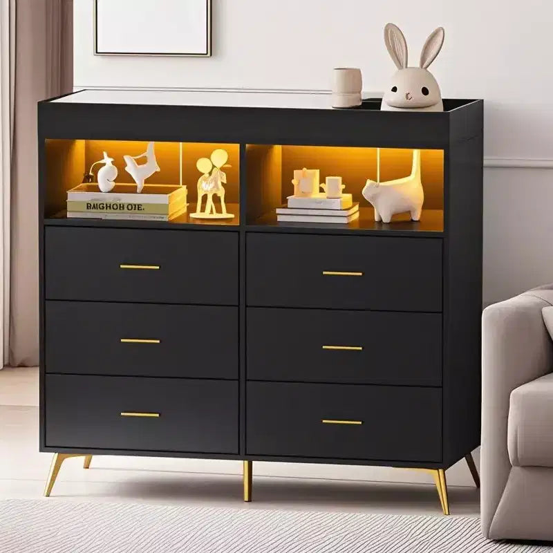 Changing Table Dresser  Multi-Functional Baby Nursery Dresser with LED Lights & Power Outlet (6 Drawers + 2 Shelves)