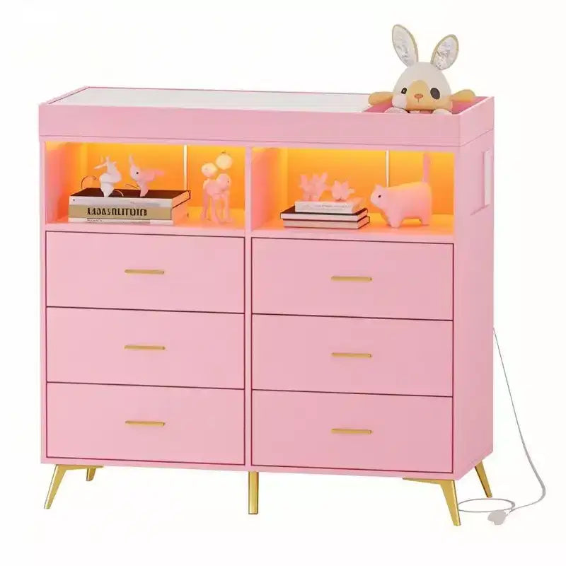 Changing Table Dresser  Multi-Functional Baby Nursery Dresser with LED Lights & Power Outlet (6 Drawers + 2 Shelves)