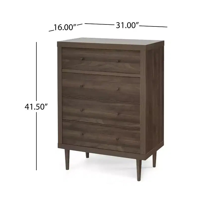 4-Drawer Chest with Tapered Legs and Faux Wood Finish, Mid-Century Modern Style