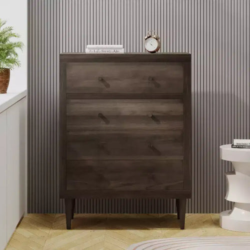4-Drawer Chest with Tapered Legs and Faux Wood Finish, Mid-Century Modern Style
