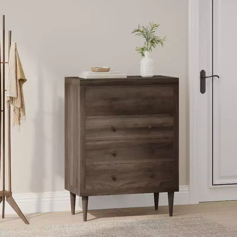 4-Drawer Chest with Tapered Legs and Faux Wood Finish, Mid-Century Modern Style