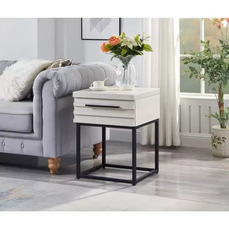 Rustic Side Table with Storage Drawer and Metal Legs, End Table with Thick Tabletop for Sofa Side, Living Room, Bedroom
