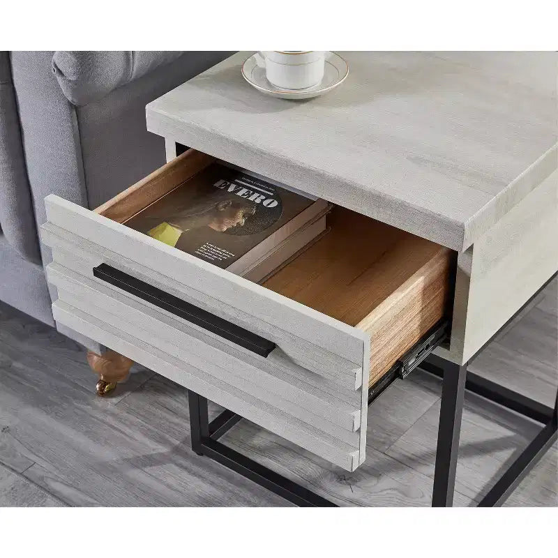 Rustic Side Table with Storage Drawer and Metal Legs, End Table with Thick Tabletop for Sofa Side, Living Room, Bedroom