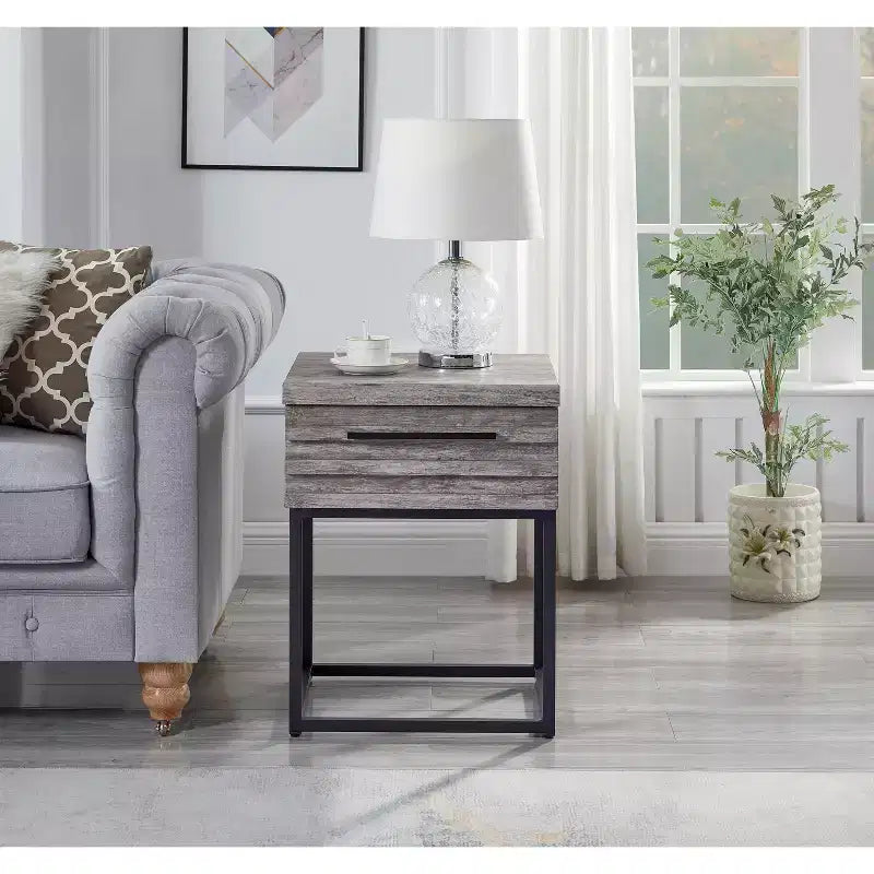 Rustic Side Table with Storage Drawer and Metal Legs, End Table with Thick Tabletop for Sofa Side, Living Room, Bedroom