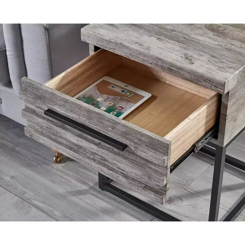 Rustic Side Table with Storage Drawer and Metal Legs, End Table with Thick Tabletop for Sofa Side, Living Room, Bedroom