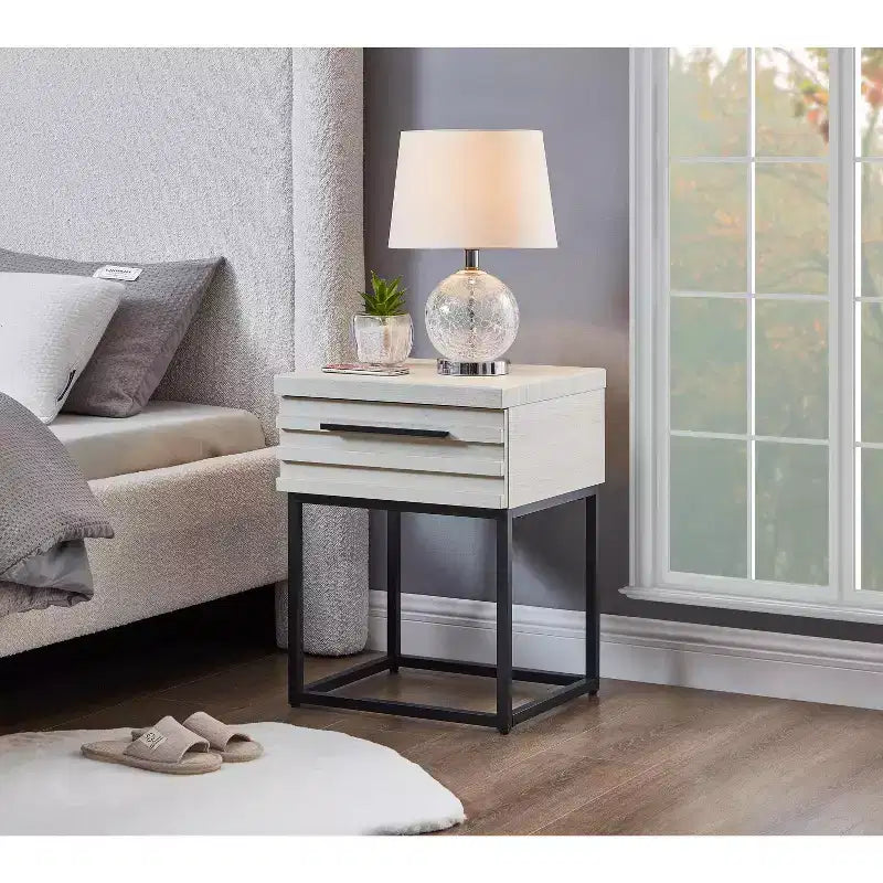 Rustic Side Table with Storage Drawer and Metal Legs, End Table with Thick Tabletop for Sofa Side, Living Room, Bedroom