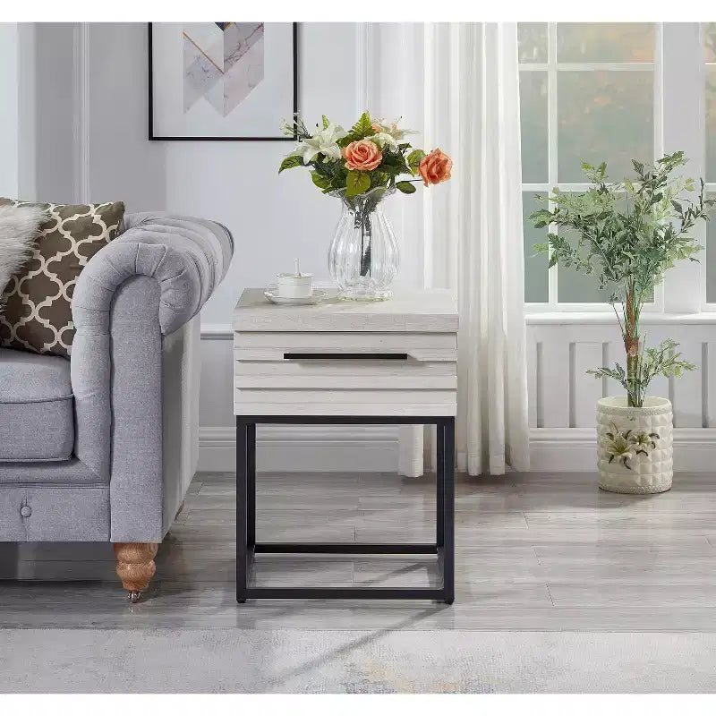 Rustic Side Table with Storage Drawer and Metal Legs, End Table with Thick Tabletop for Sofa Side, Living Room, Bedroom