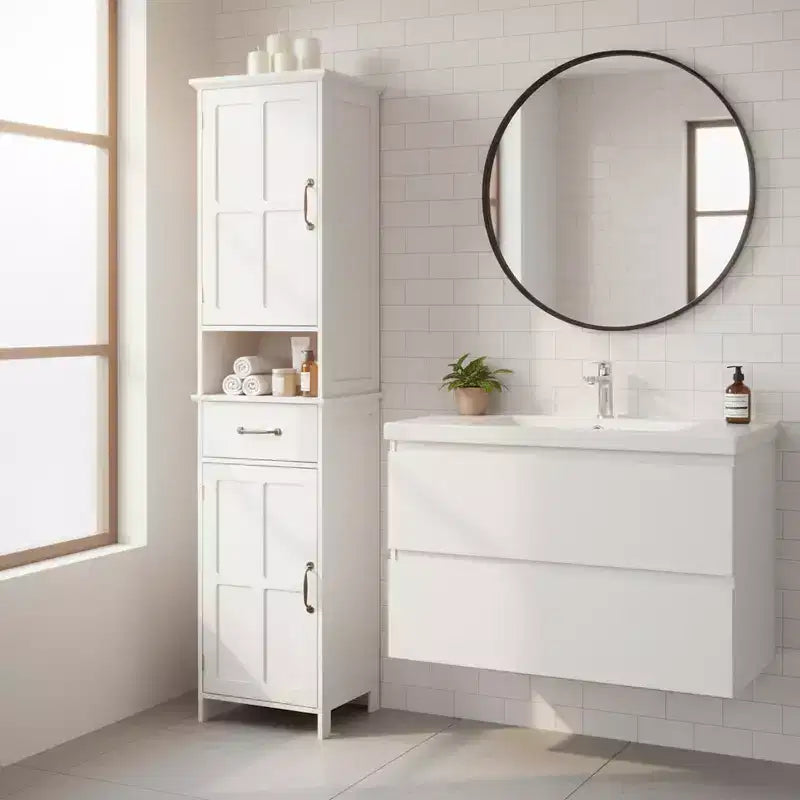 Tall Bathroom Storage Cabinet with Drawer and Double Doors, White
