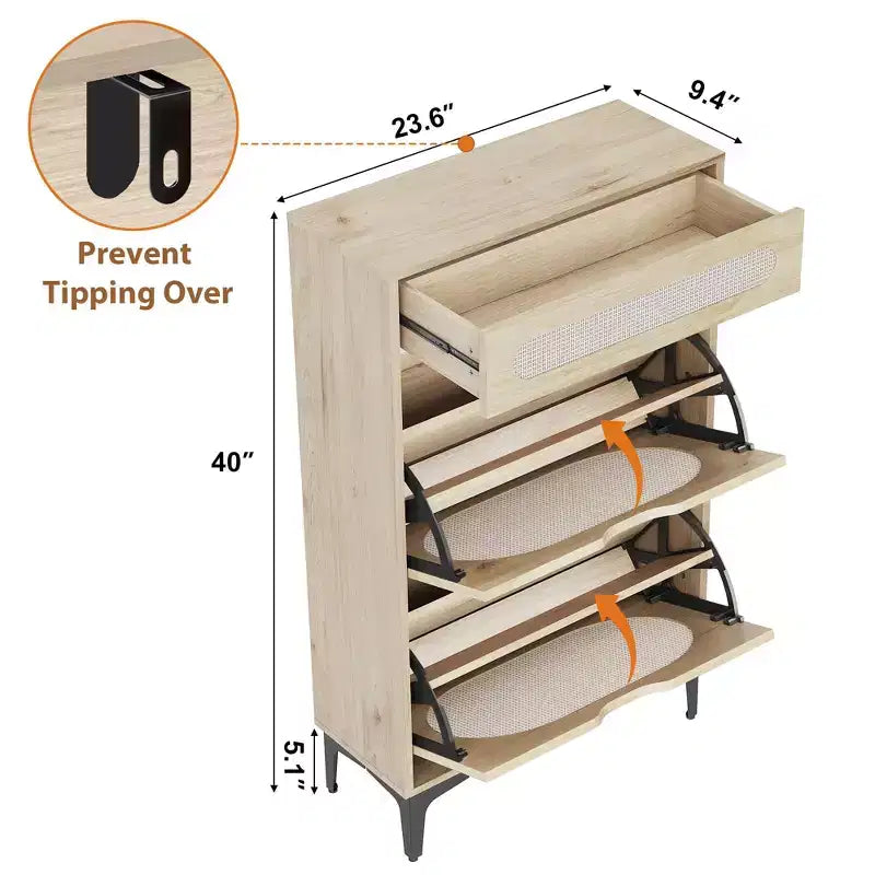 Rattan shoe cabinet with 2 flip-top drawers and 1 pull-out drawer, three adjustable shelves, designed for narrow entryways and hallways.