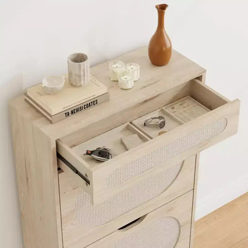 Rattan shoe cabinet with 2 flip-top drawers and 1 pull-out drawer, three adjustable shelves, designed for narrow entryways and hallways.