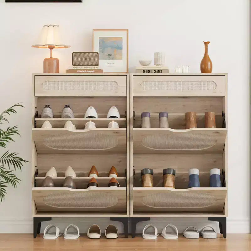 Rattan shoe cabinet with 2 flip-top drawers and 1 pull-out drawer, three adjustable shelves, designed for narrow entryways and hallways.