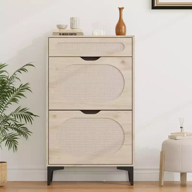 Rattan shoe cabinet with 2 flip-top drawers and 1 pull-out drawer, three adjustable shelves, designed for narrow entryways and hallways.