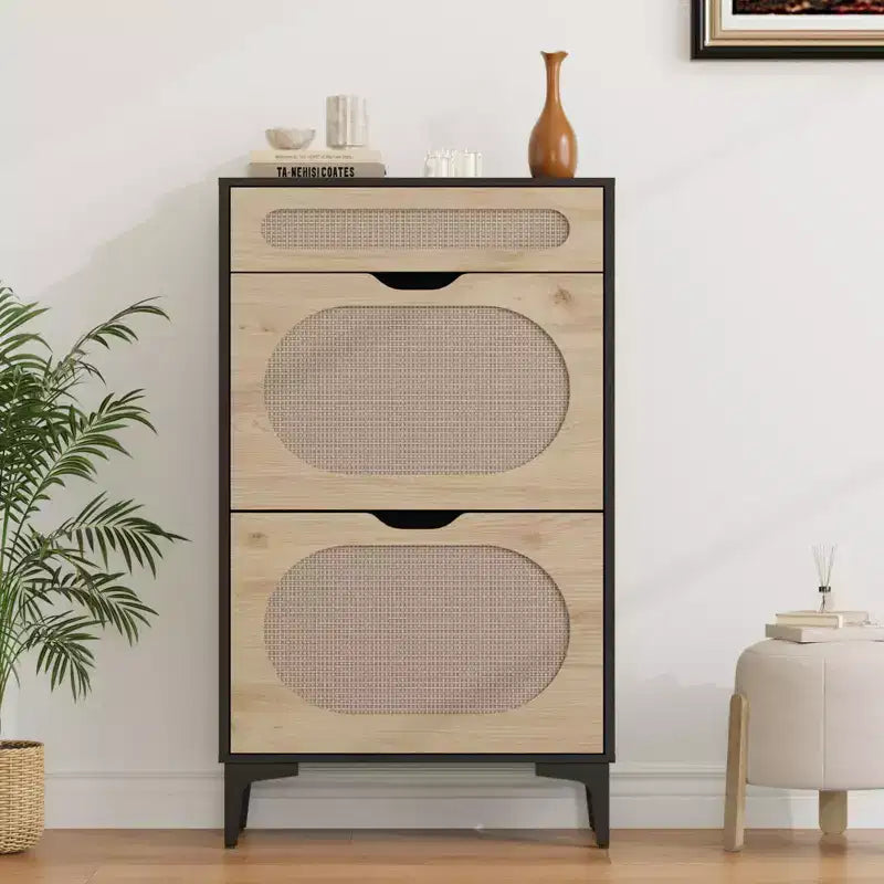 Rattan shoe cabinet with 2 flip-top drawers and 1 pull-out drawer, three adjustable shelves, designed for narrow entryways and hallways.