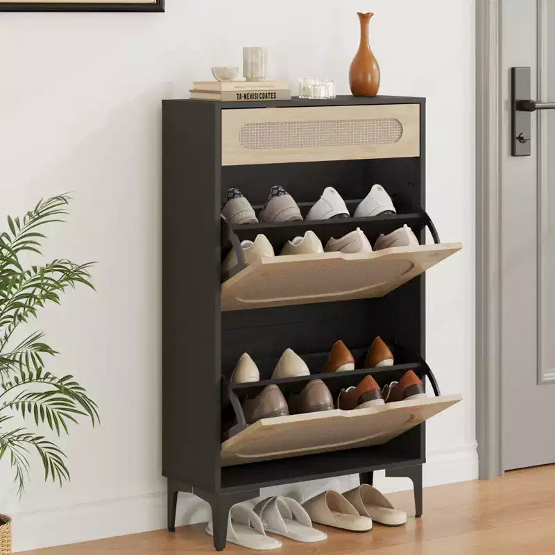 Rattan shoe cabinet with 2 flip-top drawers and 1 pull-out drawer, three adjustable shelves, designed for narrow entryways and hallways.
