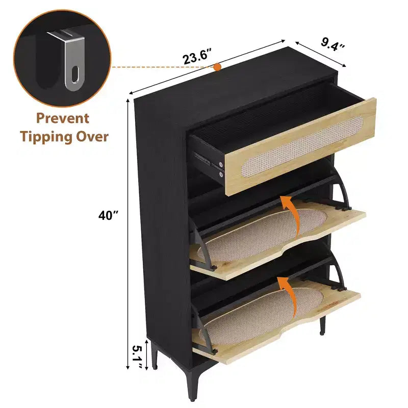 Rattan shoe cabinet with 2 flip-top drawers and 1 pull-out drawer, three adjustable shelves, designed for narrow entryways and hallways.