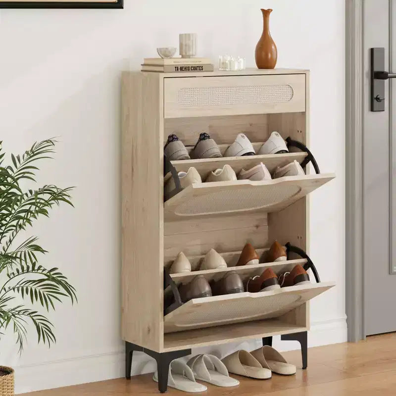 Rattan shoe cabinet with 2 flip-top drawers and 1 pull-out drawer, three adjustable shelves, designed for narrow entryways and hallways.