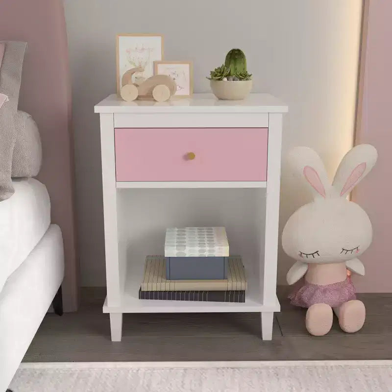 Pink Wooden Nightstand with 1 Drawer & 1 Shelf  For Kids & Adults