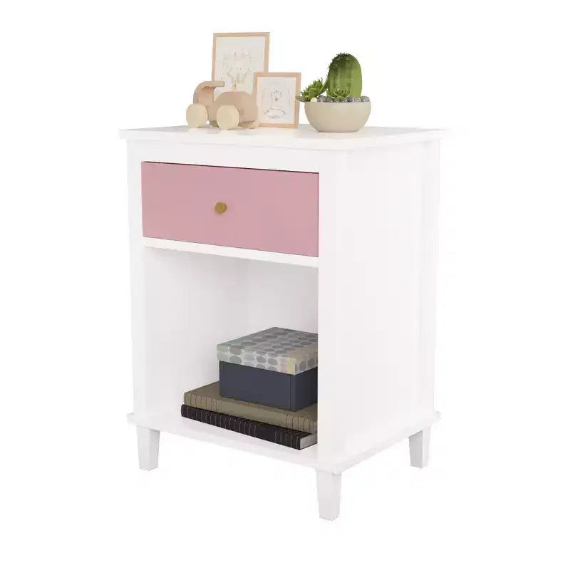 Pink Wooden Nightstand with 1 Drawer & 1 Shelf  For Kids & Adults
