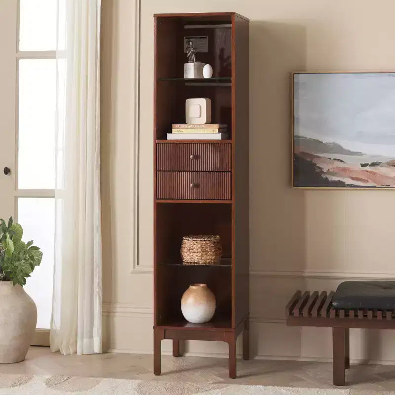 Curio Bookcase & Display Shelf, Walnut, Contemporary Vertical Storage with Drawer & Enclosed Shelves