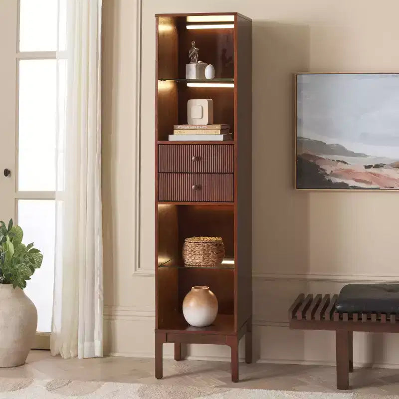 Curio Bookcase & Display Shelf, Walnut, Contemporary Vertical Storage with Drawer & Enclosed Shelves