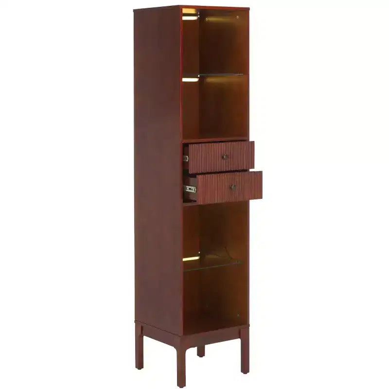 Curio Bookcase & Display Shelf, Walnut, Contemporary Vertical Storage with Drawer & Enclosed Shelves