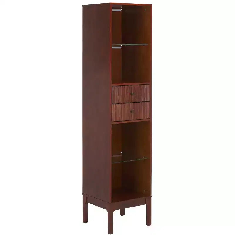 Curio Bookcase & Display Shelf, Walnut, Contemporary Vertical Storage with Drawer & Enclosed Shelves