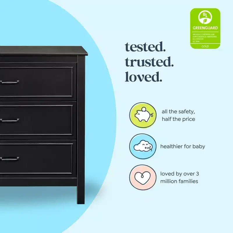 3-Drawer Nursery Dresser, Solid Pine Wood, for Baby & Kids Room