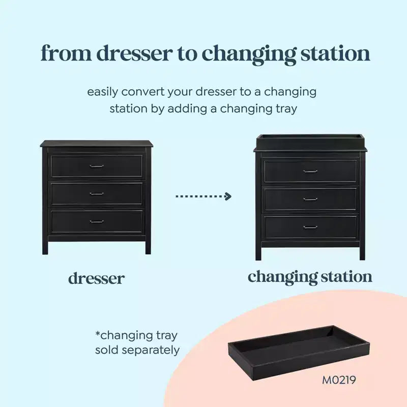 3-Drawer Nursery Dresser, Solid Pine Wood, for Baby & Kids Room