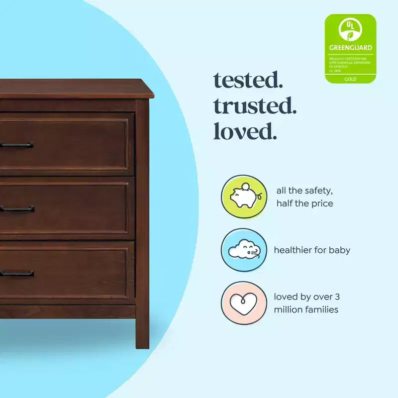 3-Drawer Nursery Dresser, Solid Pine Wood, for Baby & Kids Room