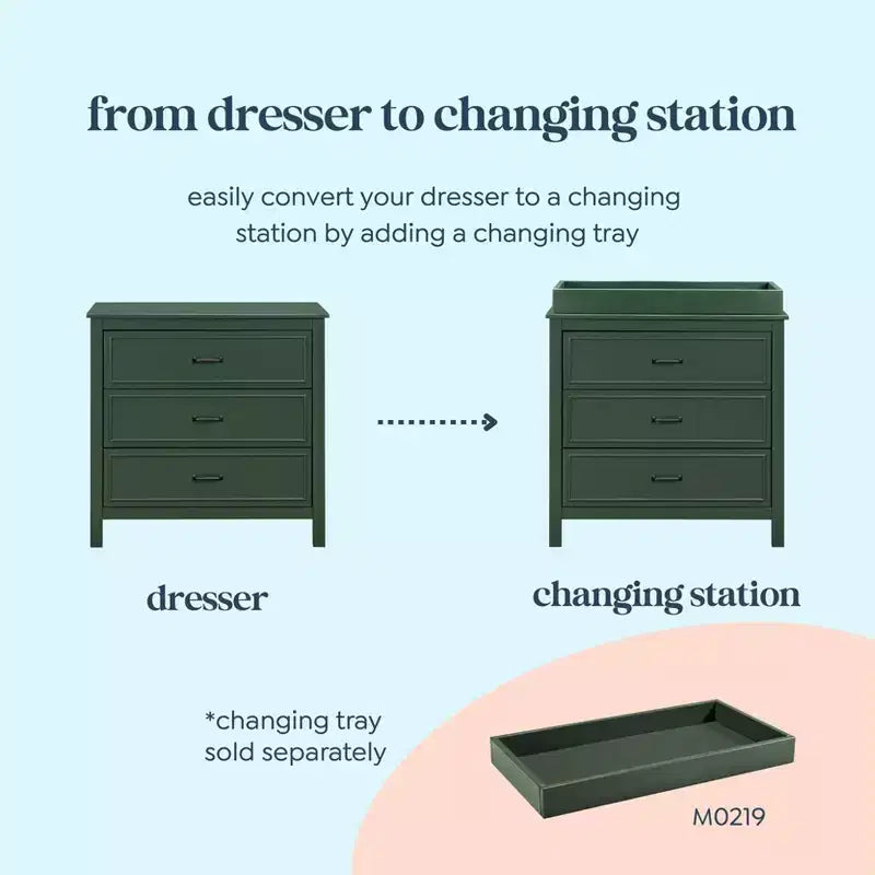3-Drawer Nursery Dresser, Solid Pine Wood, for Baby & Kids Room