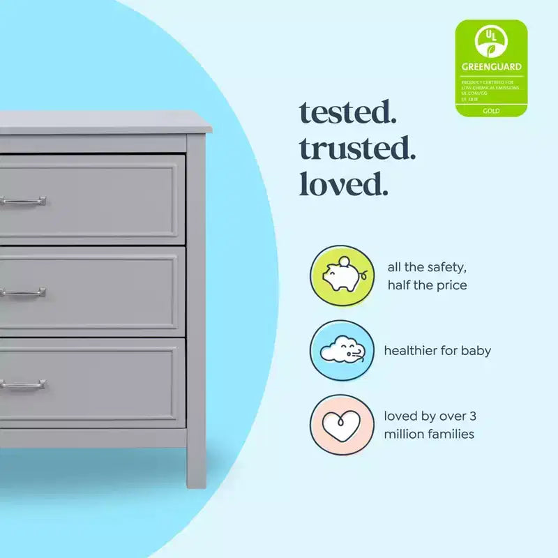 3-Drawer Nursery Dresser, Solid Pine Wood, for Baby & Kids Room