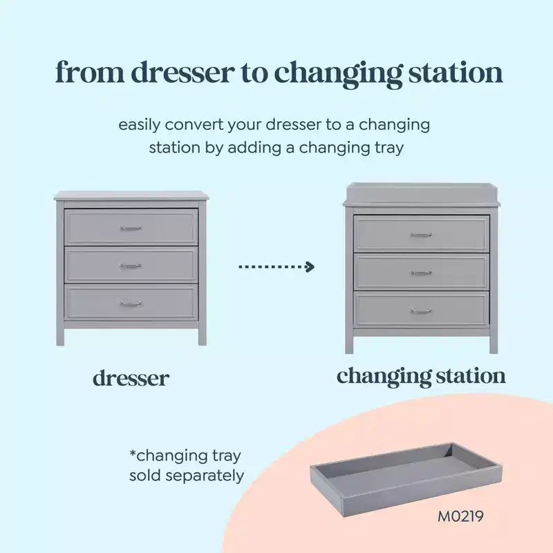 3-Drawer Nursery Dresser, Solid Pine Wood, for Baby & Kids Room