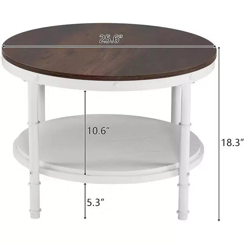 25.6" Round Farmhouse Coffee Table, 2-Tier Storage Wood Center Circle Accent Table for Living Room, Rustic Oak & White
