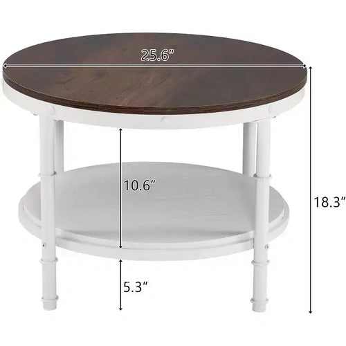 25.6" Round Farmhouse Coffee Table, 2-Tier Storage Wood Center Circle Accent Table for Living Room, Rustic Oak & White