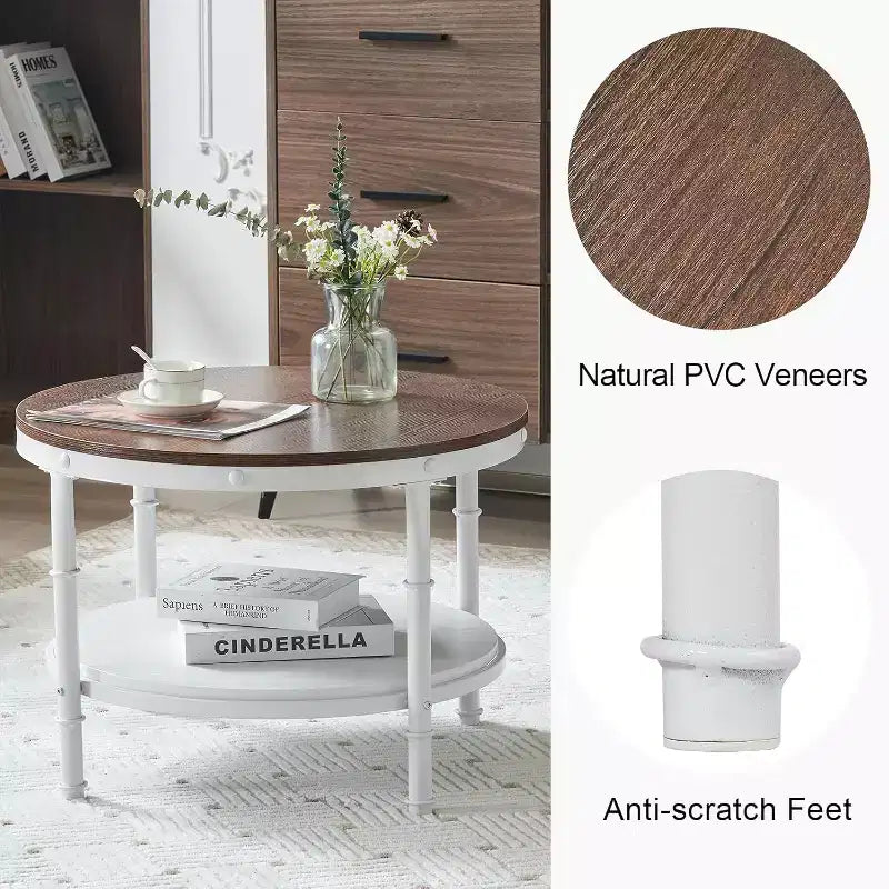 25.6" Round Farmhouse Coffee Table, 2-Tier Storage Wood Center Circle Accent Table for Living Room, Rustic Oak & White