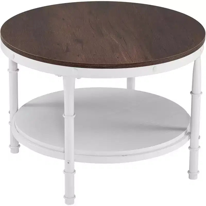 25.6" Round Farmhouse Coffee Table, 2-Tier Storage Wood Center Circle Accent Table for Living Room, Rustic Oak & White