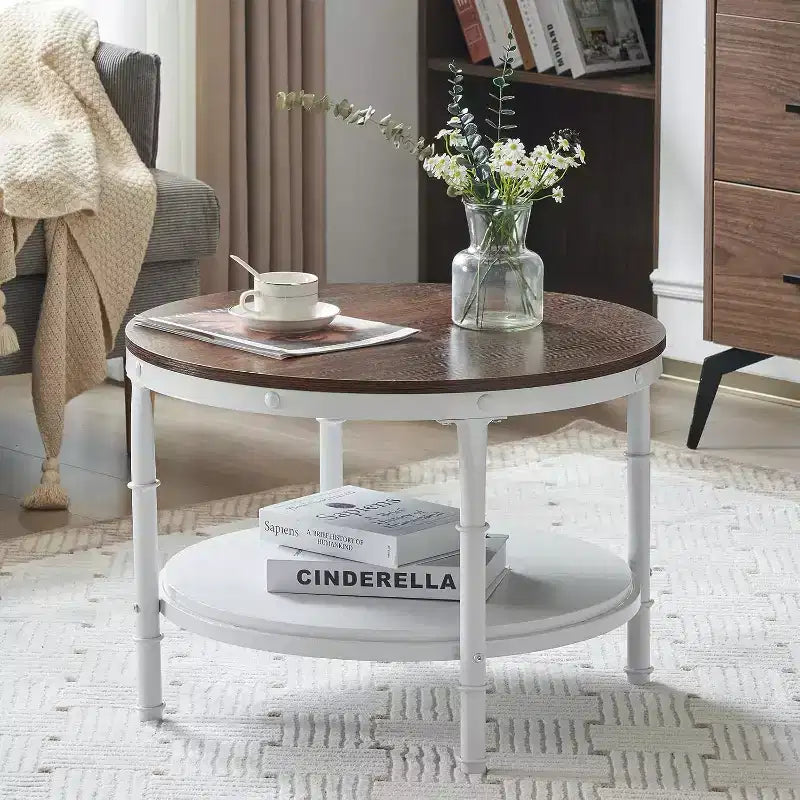 25.6" Round Farmhouse Coffee Table, 2-Tier Storage Wood Center Circle Accent Table for Living Room, Rustic Oak & White