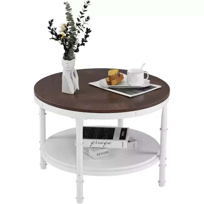25.6" Round Farmhouse Coffee Table, 2-Tier Storage Wood Center Circle Accent Table for Living Room, Rustic Oak & White