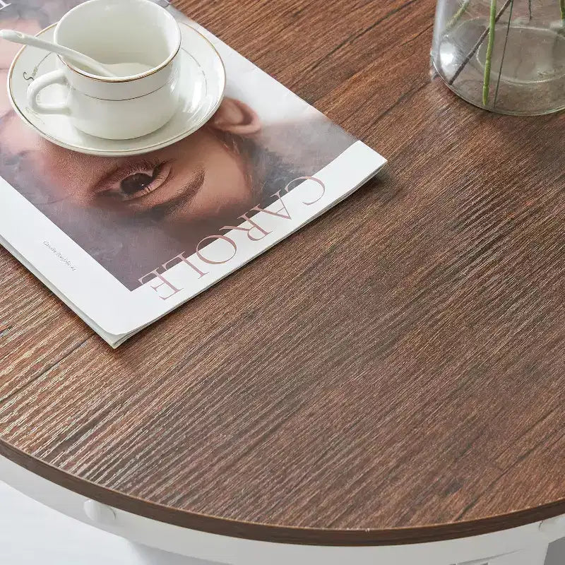 25.6" Round Farmhouse Coffee Table, 2-Tier Storage Wood Center Circle Accent Table for Living Room, Rustic Oak & White